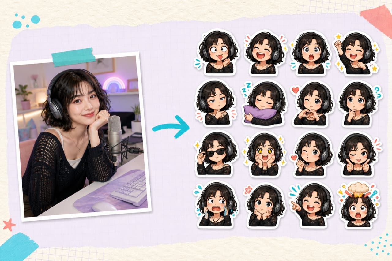 A creator with headphones transformed into a neon chibi sticker pack
