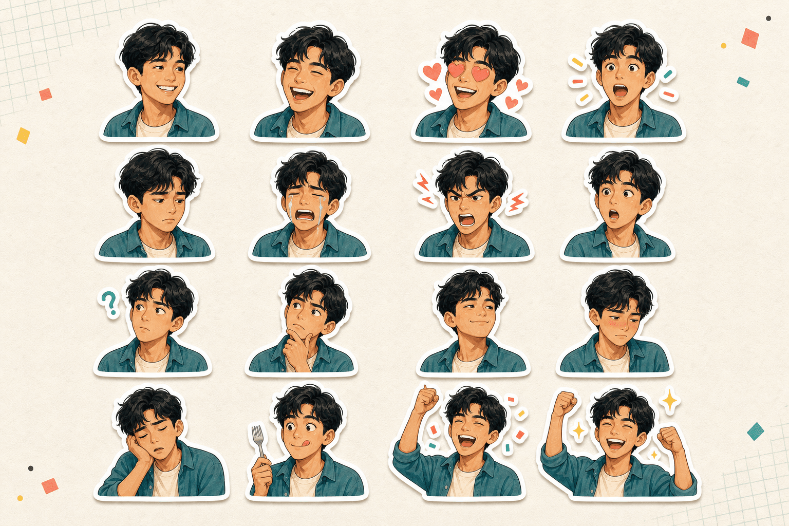 Sixteen white-bordered webtoon stickers of the same person showing distinct reactions