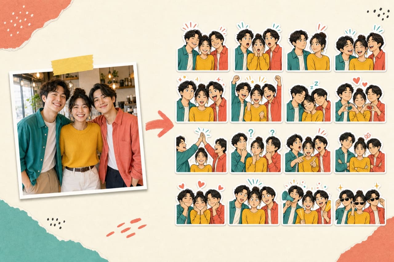 Three friends transformed from a photo into editorial vector group stickers