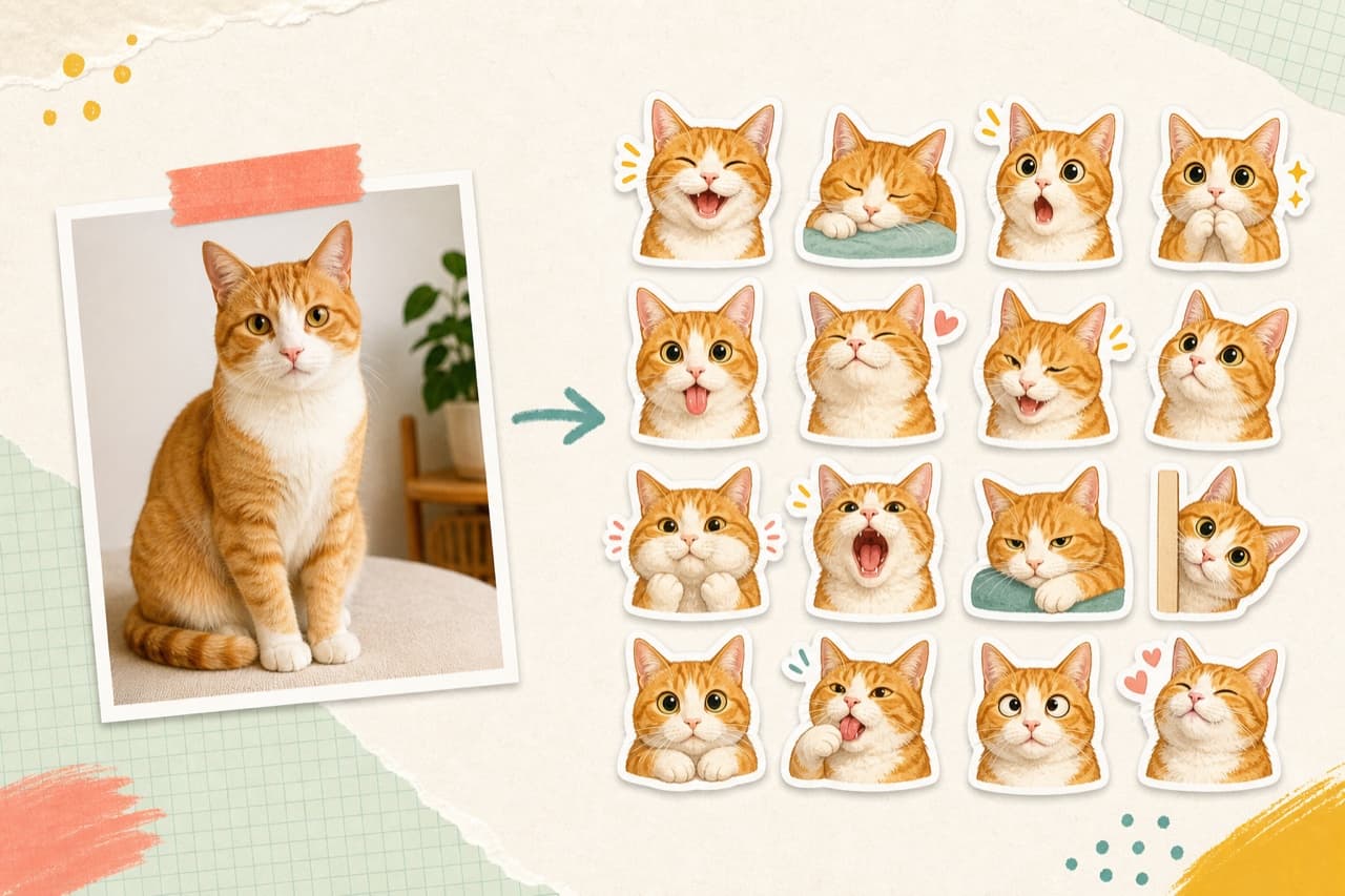 An orange-and-white cat photo transformed into a gouache sticker pack