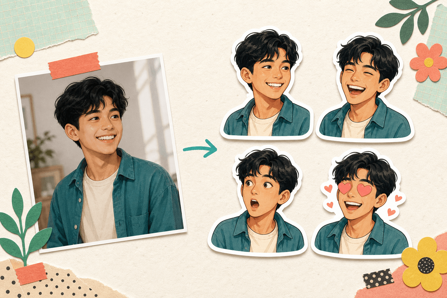 A realistic portrait becoming four matching webtoon reaction stickers