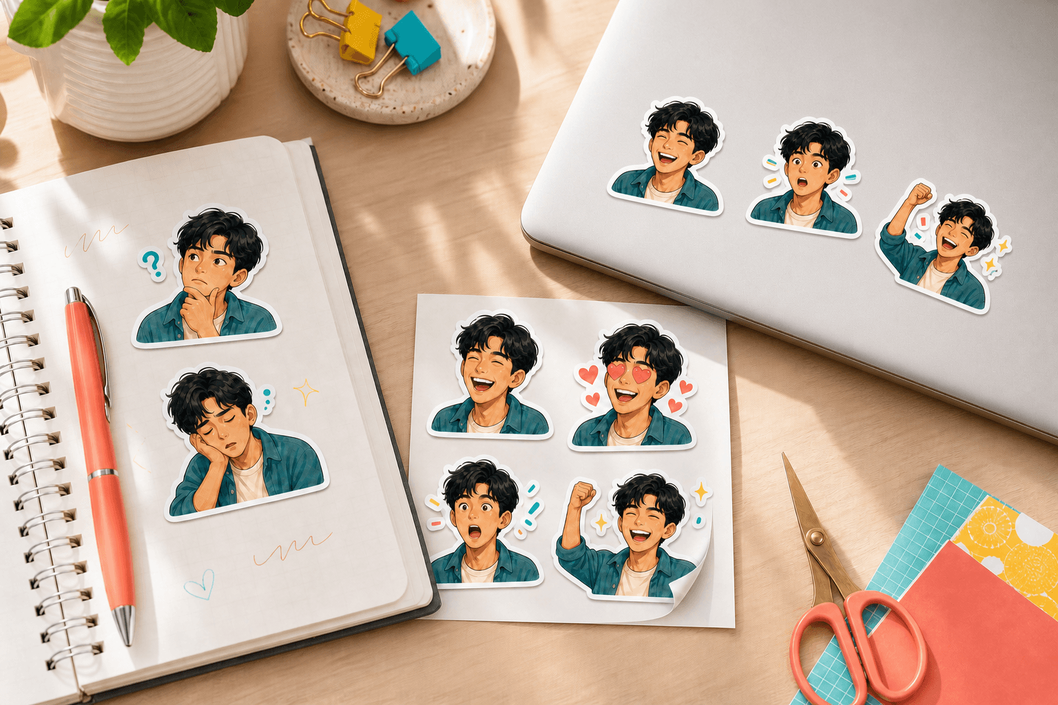 Personal reaction stickers on a closed laptop, notebook, and printed sticker sheet